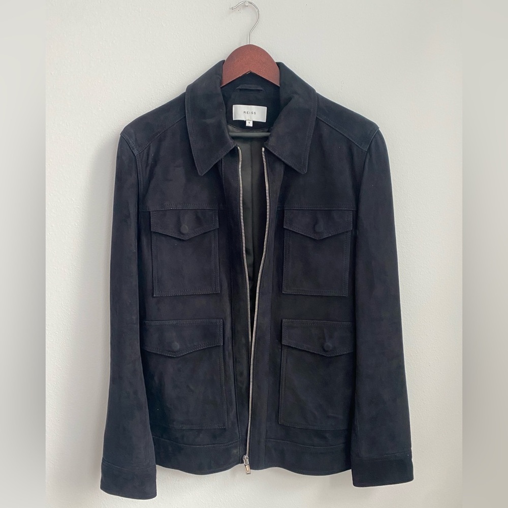 Reiss Mens Navy Suede Two Pocket Zip Through Trucker Jacket size S